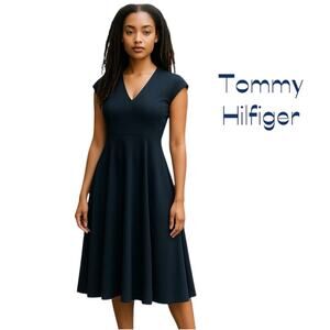Tommy Hilfiger Women's Navy Neutral Academia Minimalist Midi Dress NWT Size 8